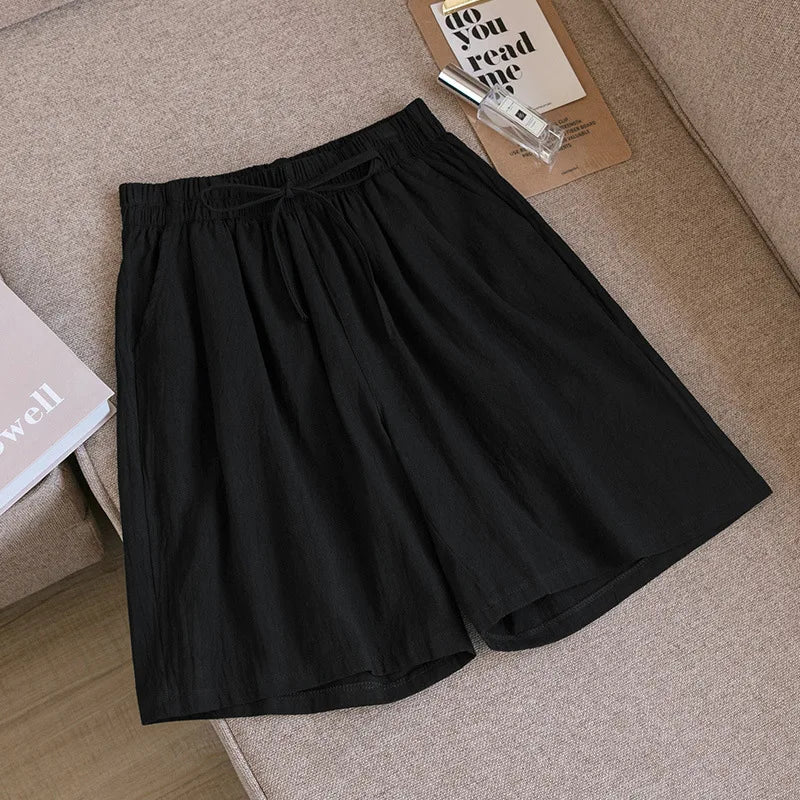 Pantalones cortos de algodón para mujer, informales, de verano, con dos bolsillos, de cintura alta, holgados, suaves y frescos.
