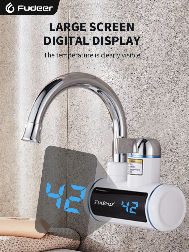 Calentador de agua eléctrico Fudeer de 3000 W y 220 V para grifo de cocina, sin tanque, calentamiento instantáneo, mezclador con agua caliente y pantalla digital.
