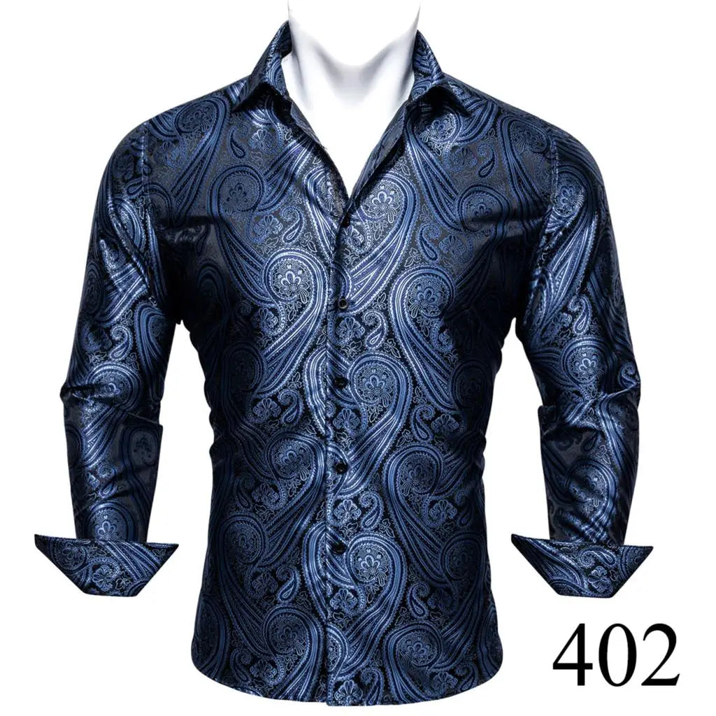 Camisas clásicas negras estampadas y bordadas para hombre, solapa de seda, manga larga, corte formal exquisito, ideales para eventos de negocios y fiestas. Barry.Wang CY-0407