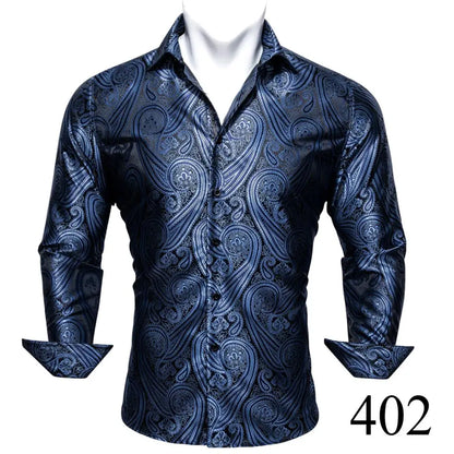 Camisas clásicas negras estampadas y bordadas para hombre, solapa de seda, manga larga, corte formal exquisito, ideales para eventos de negocios y fiestas. Barry.Wang CY-0407