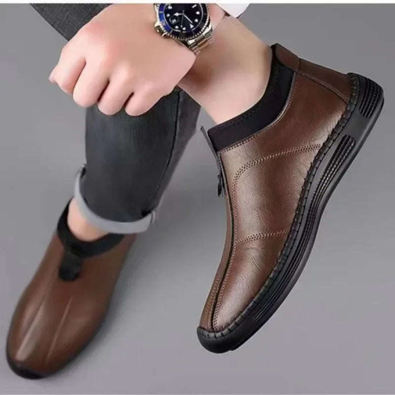 Zapatos casuales de cuero para hombre, ligeros, antideslizantes, de suela suave, sin cordones, con forro polar, cálidos, para conducir, transpirables, para verano