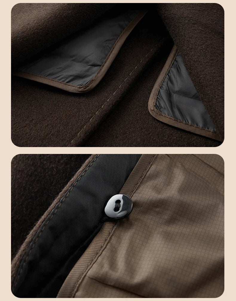 Abrigo de lana de doble faz para hombre, suave y cálido, ideal como prenda esencial. Incluye chaleco de plumas y forro. Color negro café. Estilo clásico.