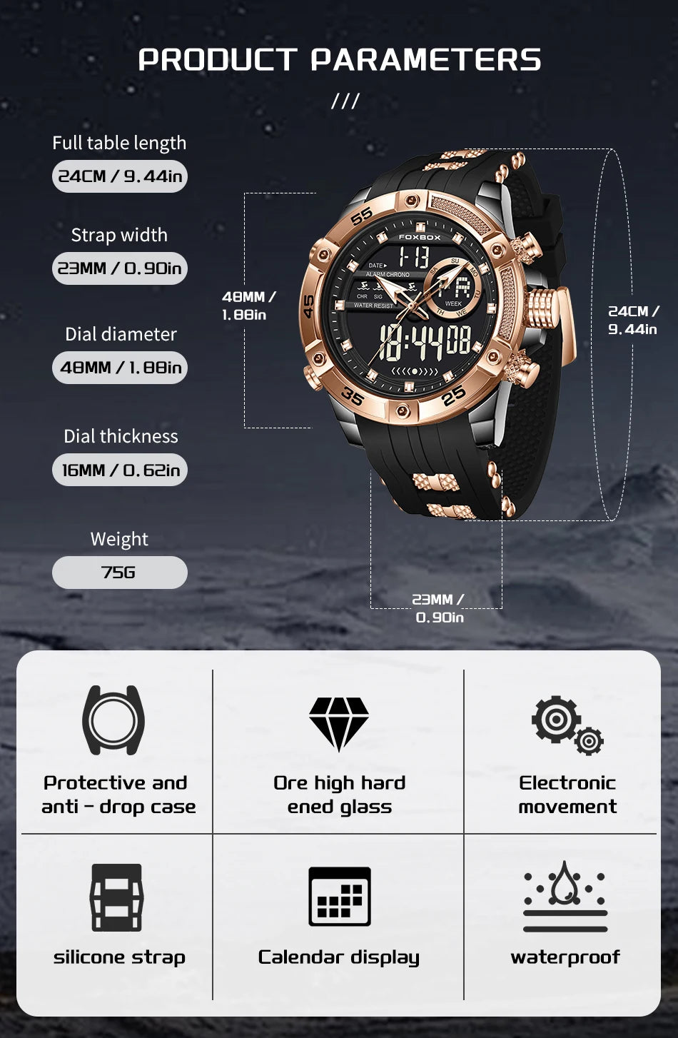 Reloj de pulsera de cuarzo de lujo FOXBOX para hombre, deportivo, impermeable, con doble pantalla, LED digital militar, de acero, para negocios + caja.