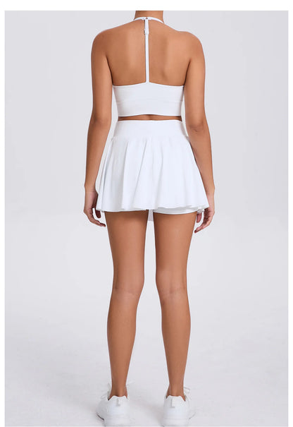 Conjunto de yoga para mujer, sujetador deportivo para exteriores, falda de tenis antiexposición, camiseta sin mangas de yoga transpirable de secado rápido, novedad de 2025