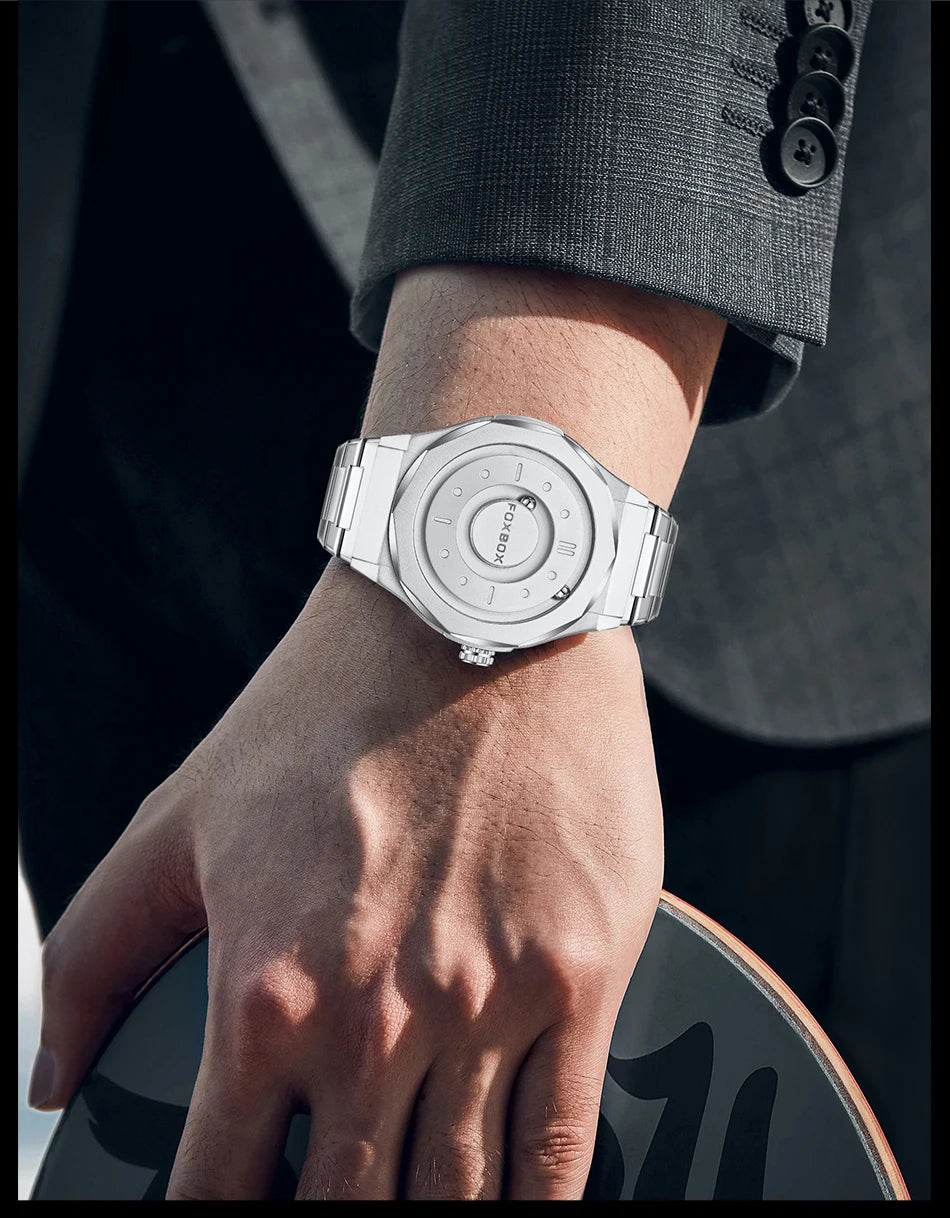 FOXBOX Reloj de negocios de lujo para hombre, resistente al agua hasta 30 m, diseño personalizado, correa de acero inoxidable, reloj de cuarzo para hombre, regalo de moda