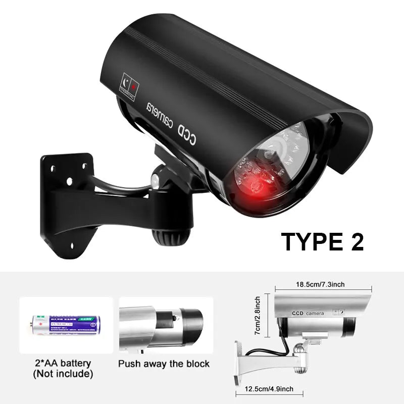 Cámara de seguridad ficticia impermeable para interiores y exteriores, sistema de vigilancia CCTV falso, luces LED rojas intermitentes, sin cableado.