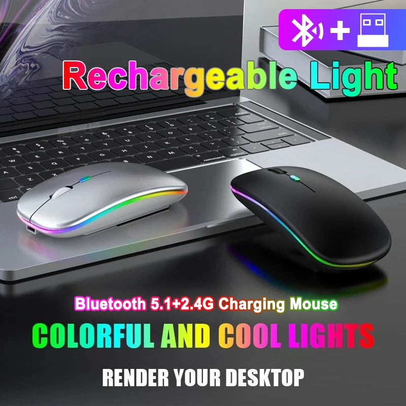Ratón inalámbrico Bluetooth para tableta, recargable, con retroiluminación RGB de 1600 DPI, para PC, portátil, 2,4 GHz, USB