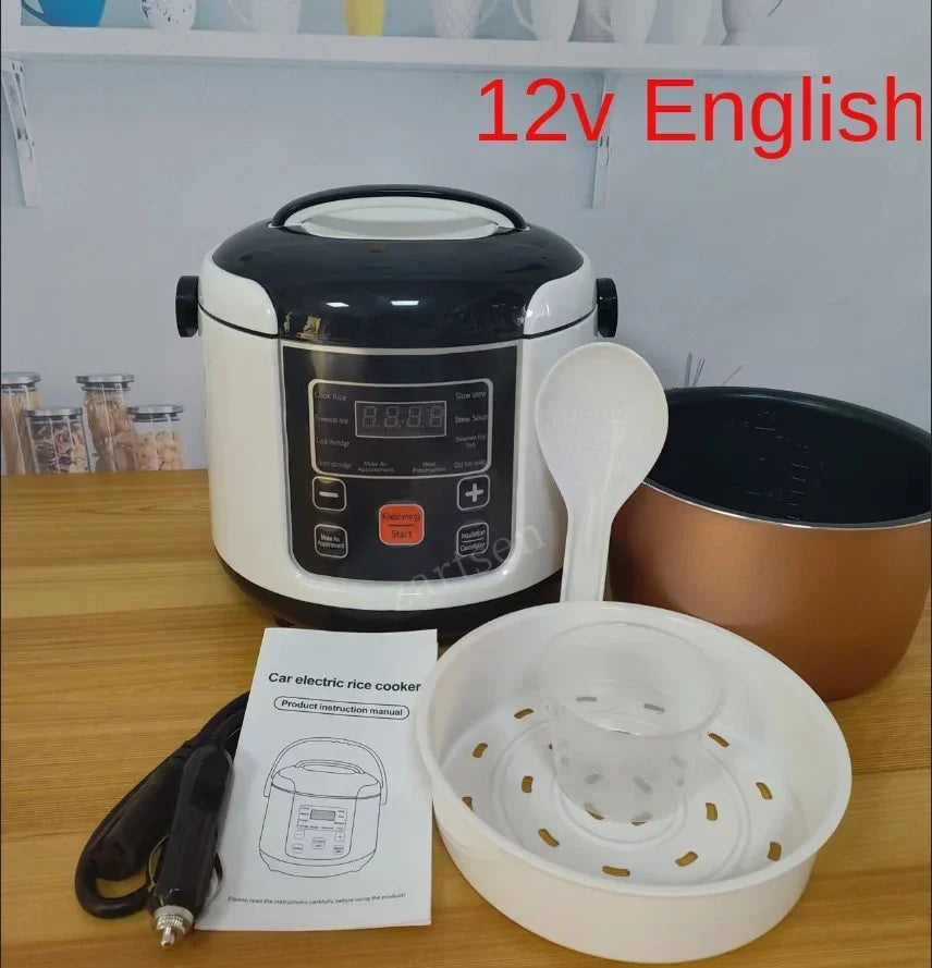 Mini olla arrocera eléctrica de 2 l, olla arrocera portátil para coche, 12 V/24 V, para coche y camión. Menú en inglés/ruso.