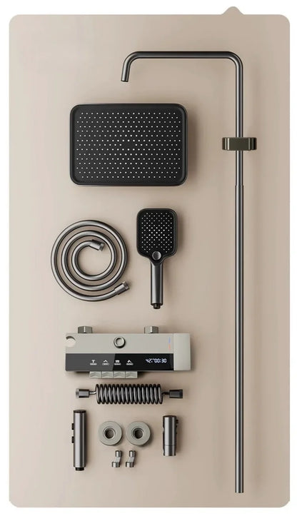 Juego de ducha gris con sistema de ducha inteligente de cuatro funciones con pantalla digital, ducha tipo lluvia a presión, grifería de pared con teclas de piano