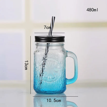 Jarra de vidrio de 480 ml, 500 ml y 16 oz con tapa de hierro y pajita de plástico, cuadrada, con degradado de color.