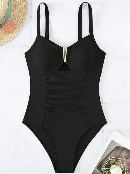 Trajes de baño plisados ​​con cuello en V 2025 para mujer, traje de baño de una pieza para mujer, traje de baño de corte alto, traje de baño ajustado para playa.