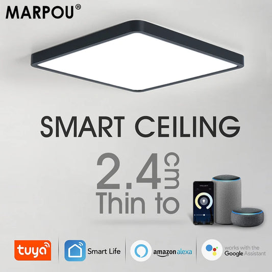 Lámpara de techo LED inteligente MARPOU Tuya con diseño de madera, control por voz mediante aplicación Alexa/Google y mando a distancia. Lámpara de techo cuadrada para salón.