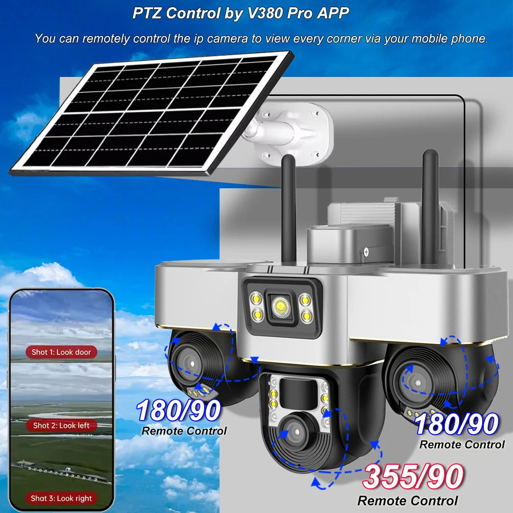 Cámara solar 4G con 3 PTZ, rotación automática, seguridad inteligente para exteriores, protección del hogar, detección humana PIR, seguimiento automático, cámaras de videovigilancia IP.
