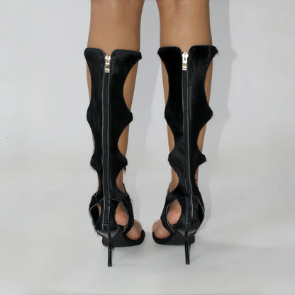 Botas de lujo para mujer (2025) | Tacón de aguja recortado con crin de caballo auténtica y cremallera trasera | Zapatos de vestir para fiestas de noche y club