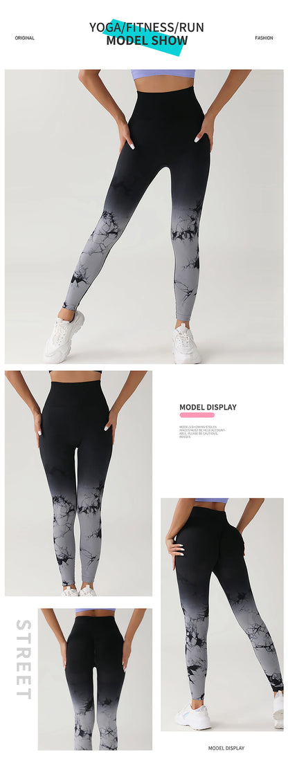 Pantalones de yoga con efecto tie-dye degradado, sin costuras, para mujer, para correr y hacer deporte, cintura alta y levantamiento de cadera, ropa de fitness elástica ajustada.