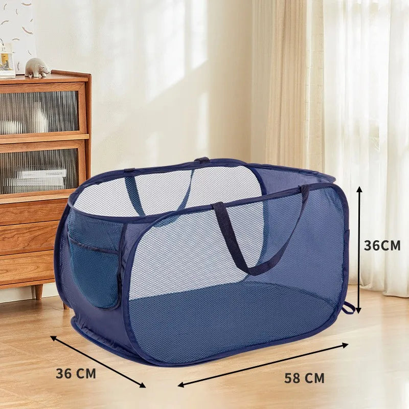 Cesta de lavandería plegable y duradera, cesta de lavandería de malla desplegable con bolsillo lateral, cesta de almacenamiento de ropa plegable con refuerzo