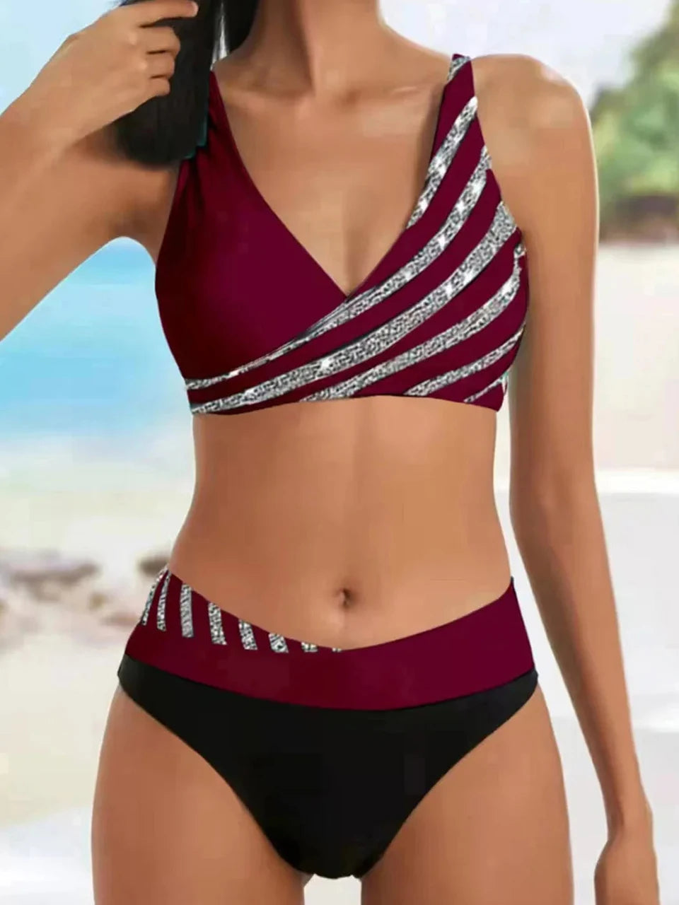 Conjunto de bikini con cuello en V 2024 para mujer, traje de baño de verano con estampado de rayas y patchwork, ropa de playa, traje de baño para mujer, talla 2XL