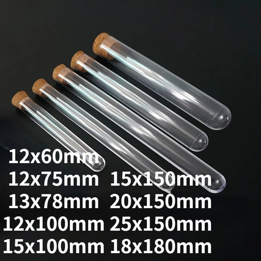 Tubos de ensayo de plástico transparente de 60 mm a 180 mm con tapones de corcho, ideales para laboratorios escolares, regalos de boda, etc.