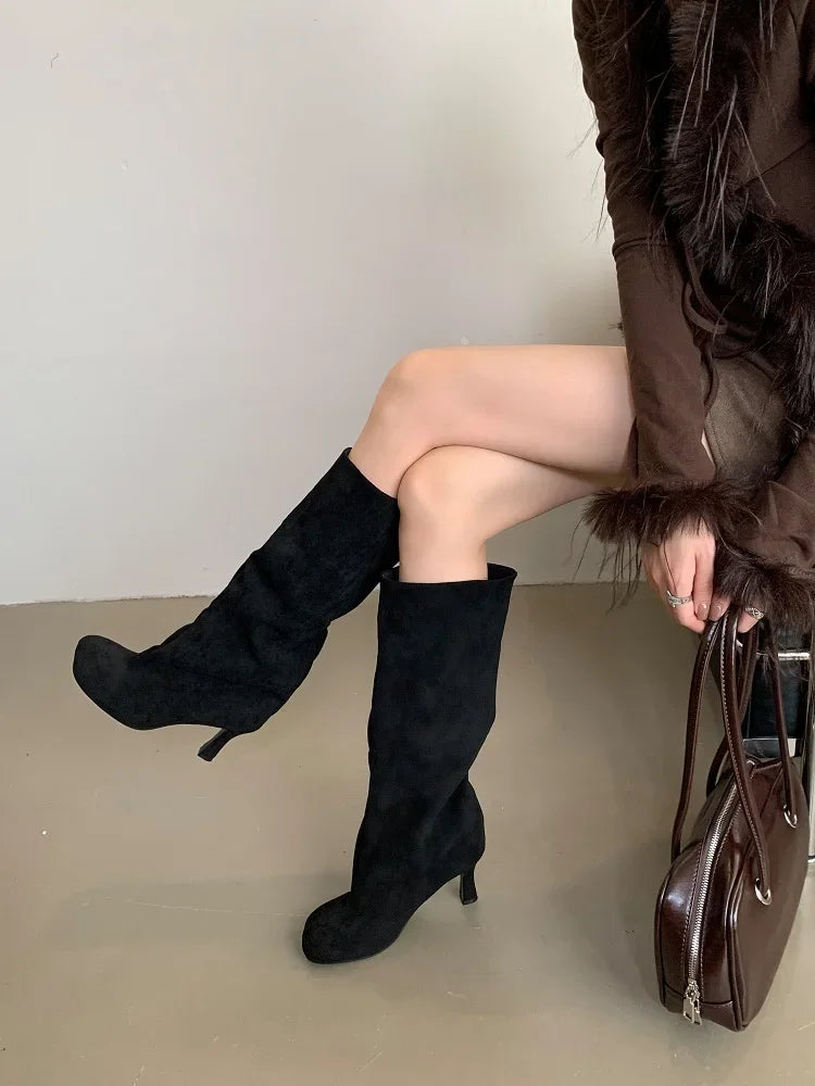 Botas de lujo para mujer, botas de invierno con punta redonda y tacón alto hasta la rodilla, estilo punk, botines largos para mujer