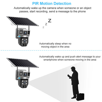 Cámara solar de 12 MP, tarjeta SIM 4G, doble lente, tres cámaras con pantalla, seguimiento humano PIR, batería de bajo consumo, protección de seguridad CCTV V380