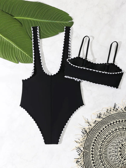 Vigoashely 2025 Sexy Black Two Piece Swimwear Women Push UP Hollow One Piece Swimsuit Monokini Backless Beach Lady Bathing Suit