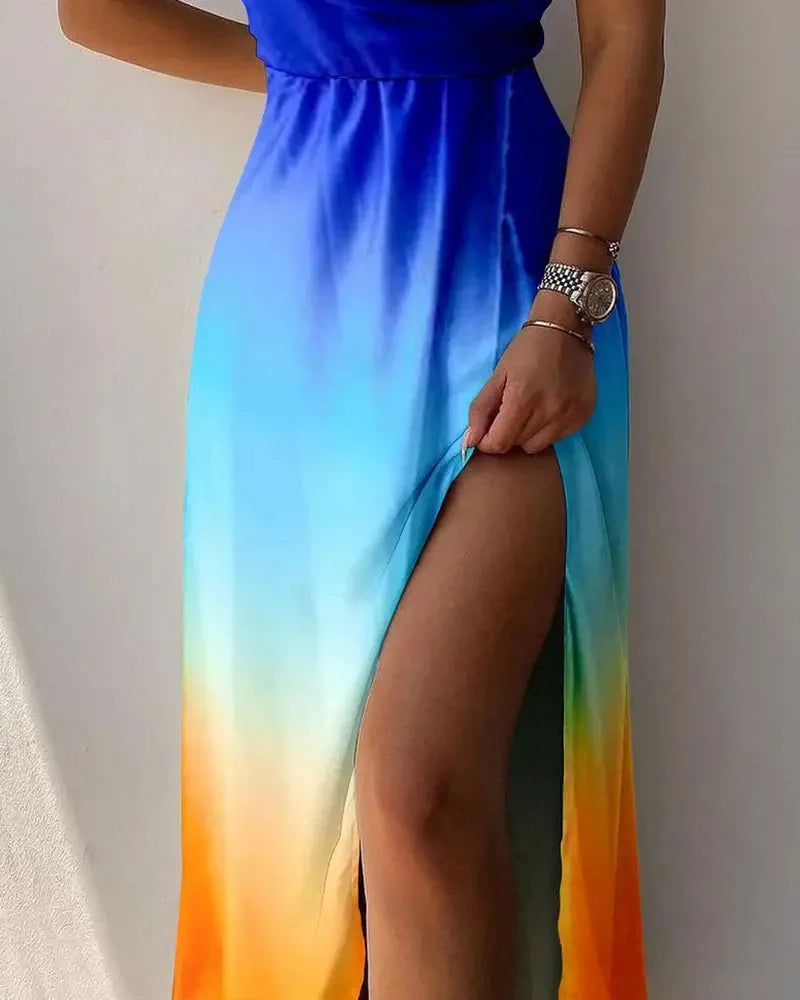 Vestido camisero sexy y elegante para mujer, estilo veraniego, con estampado degradado, hombros descubiertos y escote en V.