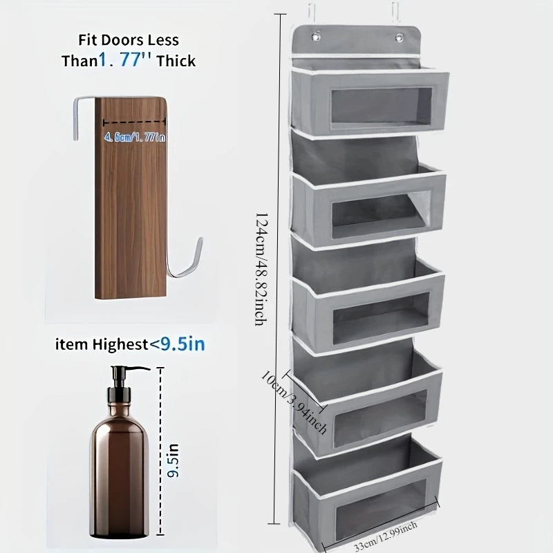 Organizador de almacenamiento colgante de 5 estantes, con puerta trasera, antivuelco, 5 bolsillos de gran capacidad, ideal para dormitorio y baño.