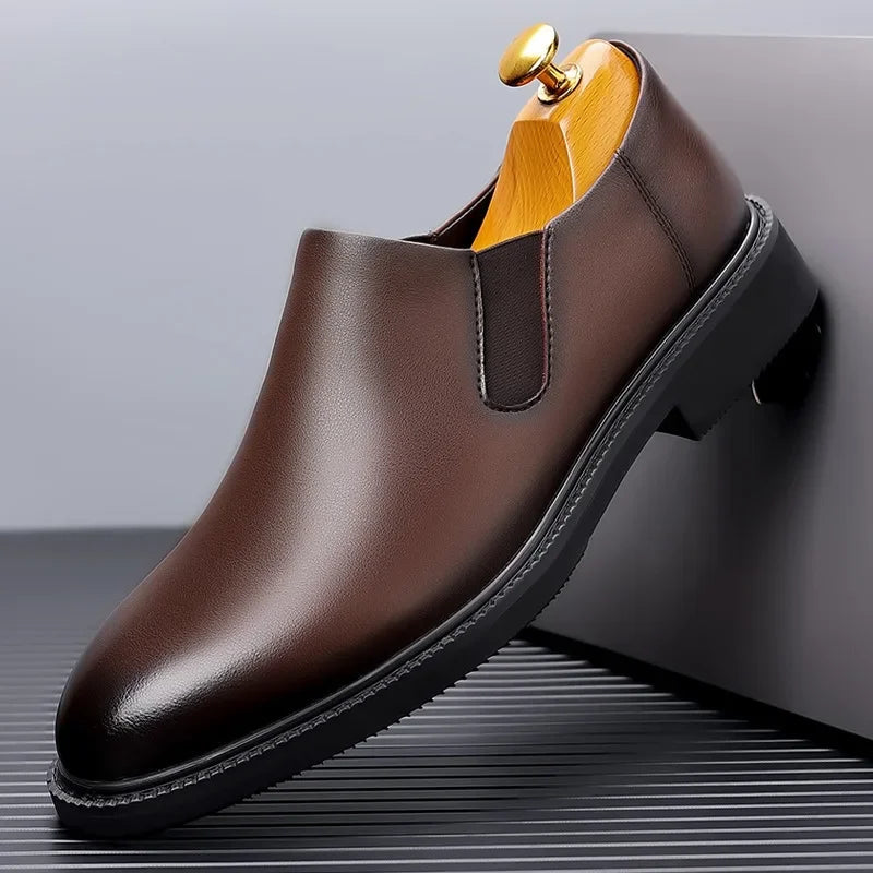 Zapatos de negocios de punta redonda para hombre, botas cortas, cómodos, de suela suave, altos, sin cordones, para primavera y otoño, de cuero, informales