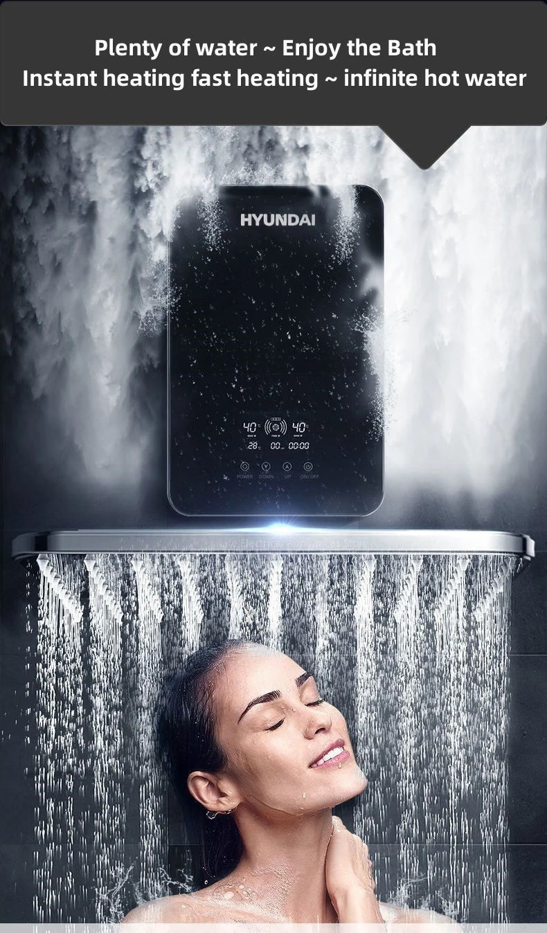Calentador de agua eléctrico pequeño HYUNDAI con calentamiento rápido e instantáneo, temperatura constante inteligente y pantalla en inglés para ducha o baño.