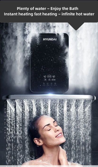 Calentador de agua eléctrico pequeño HYUNDAI con calentamiento rápido e instantáneo, temperatura constante inteligente y pantalla en inglés para ducha o baño.