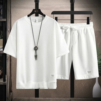 Conjunto deportivo informal de verano para hombre, pantalones cortos de manga corta con cordón, pantalones holgados de cinco cuartos, traje fino de dos piezas para hombre