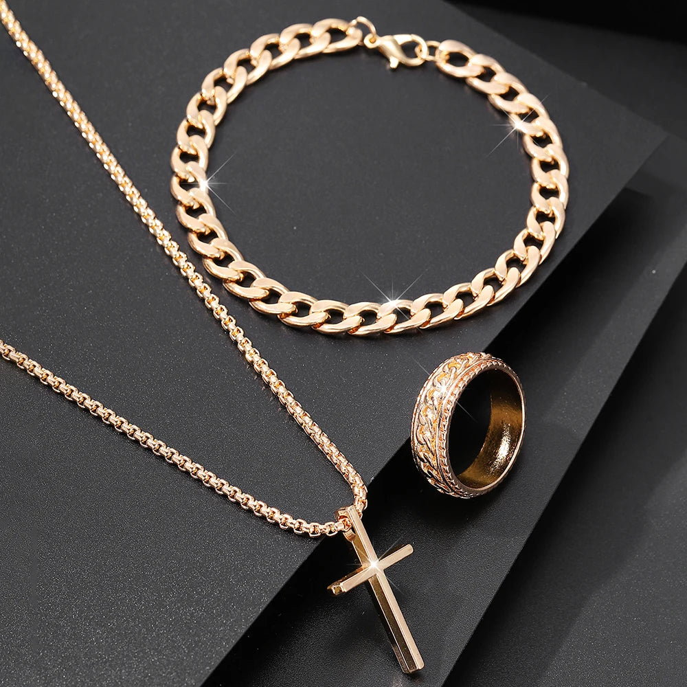 Conjunto de 3 piezas de joyería de aleación de moda para hombre: collar, pulsera y anillo con colgante de cruz.