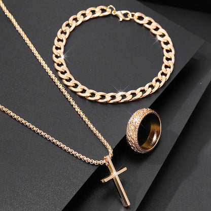 Conjunto de 3 piezas de joyería de aleación de moda para hombre: collar, pulsera y anillo con colgante de cruz.