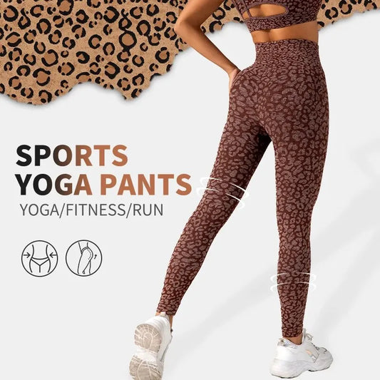 Pantalones de yoga con estampado de leopardo sin costuras para mujer, con realce de cadera y cintura alta, con alta elasticidad.