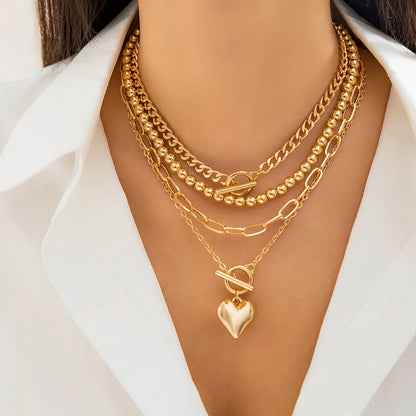 Juego de 4 collares con colgante de corazón estilo punk dorado para mujer, gargantilla de cadena con cuentas y hebilla OT, accesorios de joyería Y2K 2024