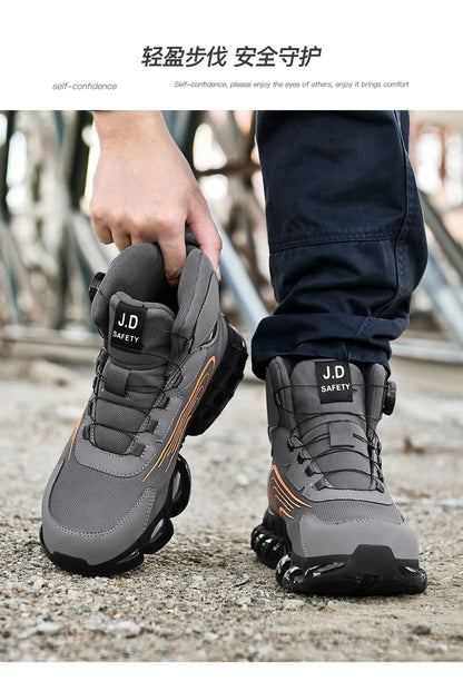 Zapatos de seguridad de caña alta para hombre con botón giratorio, resistentes a impactos y perforaciones, zapatillas de moda para hombre, calzado de seguridad profesional.