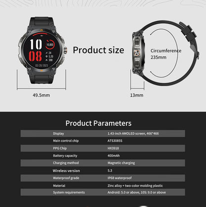 LIGE - Nuevo reloj inteligente con GPS para hombre, llamadas Bluetooth, batería grande de 400 mAh, pantalla AMOLED de 1,43 pulgadas, voz IA, IP68, resistente al agua