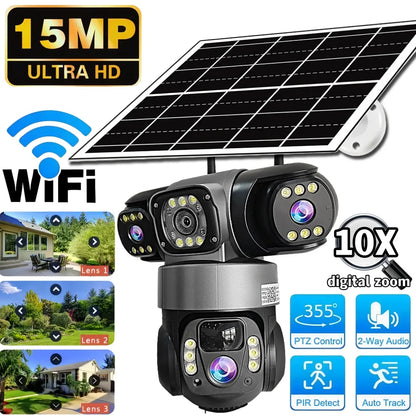 Cámara solar WiFi V380 Pro de 15 MP con 3 lentes, 3 pantallas, zoom 10x, detección de movimiento, resistente al agua, visión nocturna y protección CCTV.