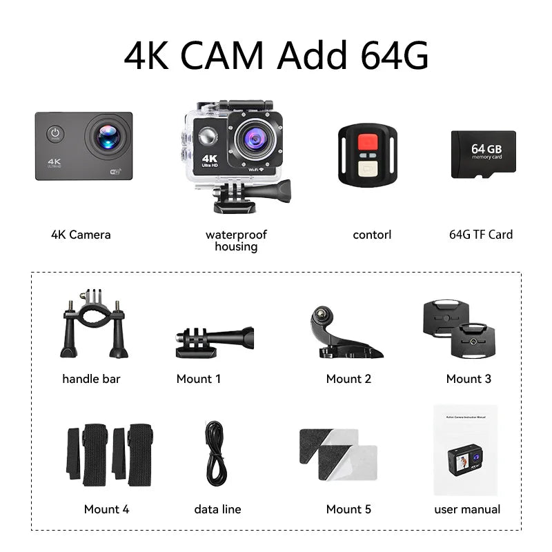 Cámara de acción 4K para exteriores con WiFi, grabación de vídeo en casco, 4K/30 FPS, WiFi, 2.0", 170 DGPS, zoom 4X, subacuática, impermeable, deportiva.