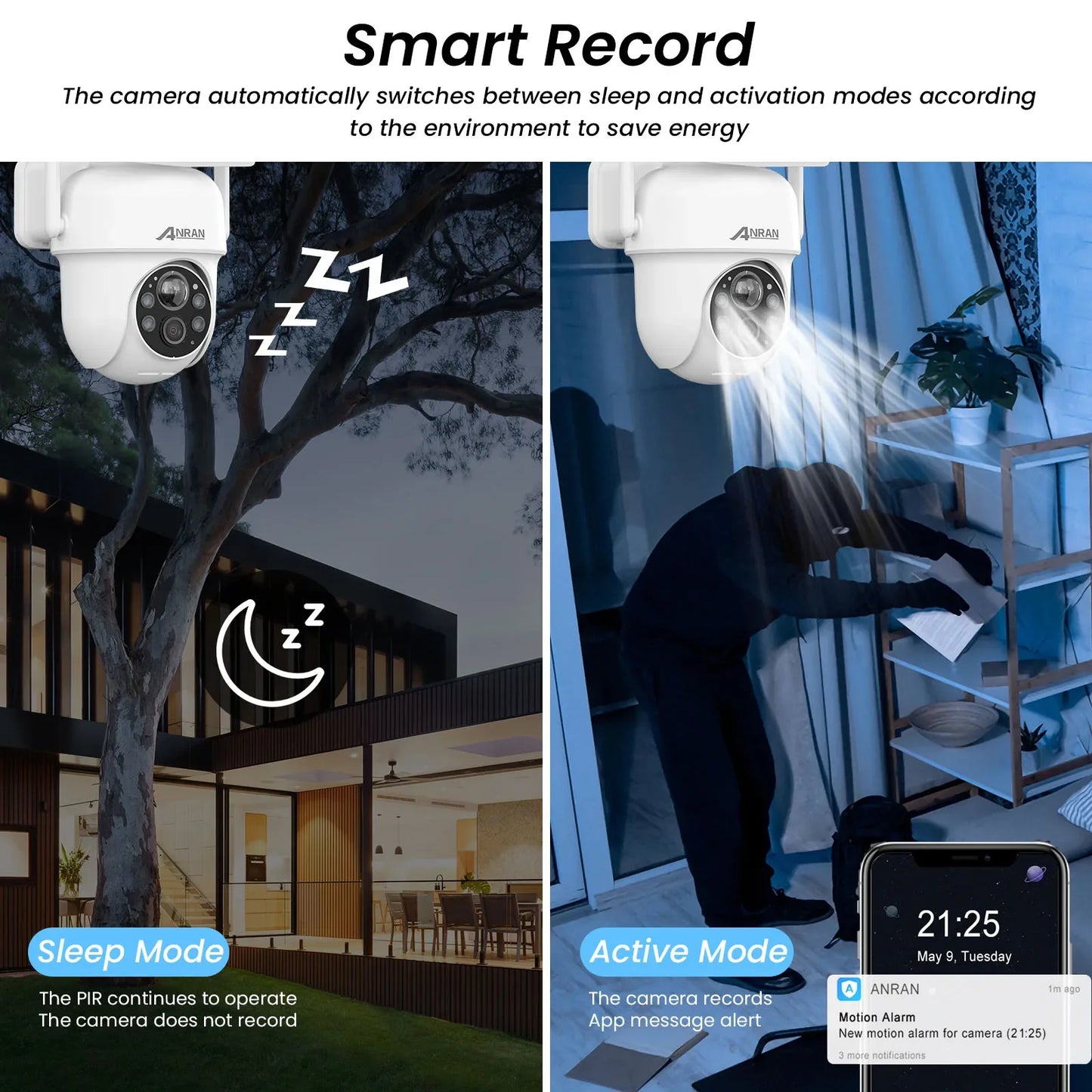 Cámara solar ANRAN 2K 3/5MP 2.4G Wifi, vigilancia y seguridad para el hogar, con batería, detección PIR y audio bidireccional.