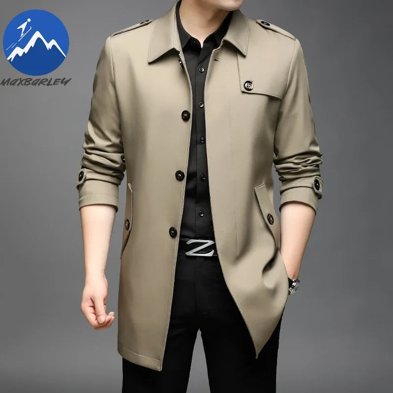 Abrigo tipo gabardina Maxbarley para hombre, estilo coreano, ligero, de lujo, de un solo botón, chaqueta larga cortavientos, colección primavera-otoño 2025, marca, con solapa.