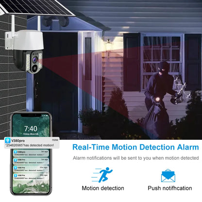 Cámara solar WiFi V380 Pro con zoom 10X, doble lente, resistente al agua, para exteriores, con protección IP, detección humana PIR y sistema de videovigilancia.