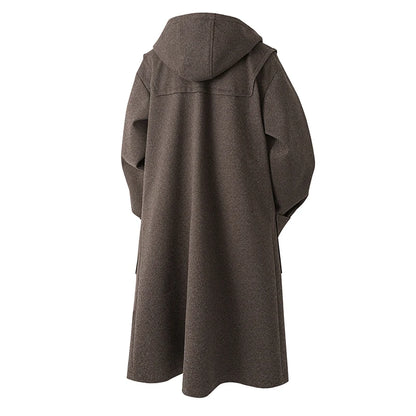 Autumn Men Thick Hooded Trench Coat Men Korean Wool Blends Overcoat Men Casual Horn Button Woollen Coat Black Warm Loose Coat