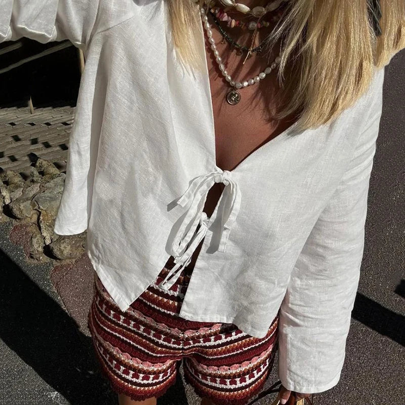 C.New S Camisas de lino y algodón con lazo y cordones para mujer, blusas holgadas de manga larga con cuello en V y aberturas para mujer, ropa de calle nueva de primavera 2024