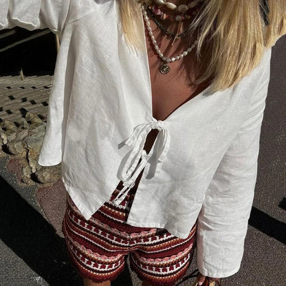 C.New S Camisas de lino y algodón con lazo y cordones para mujer, blusas holgadas de manga larga con cuello en V y aberturas para mujer, ropa de calle nueva de primavera 2024
