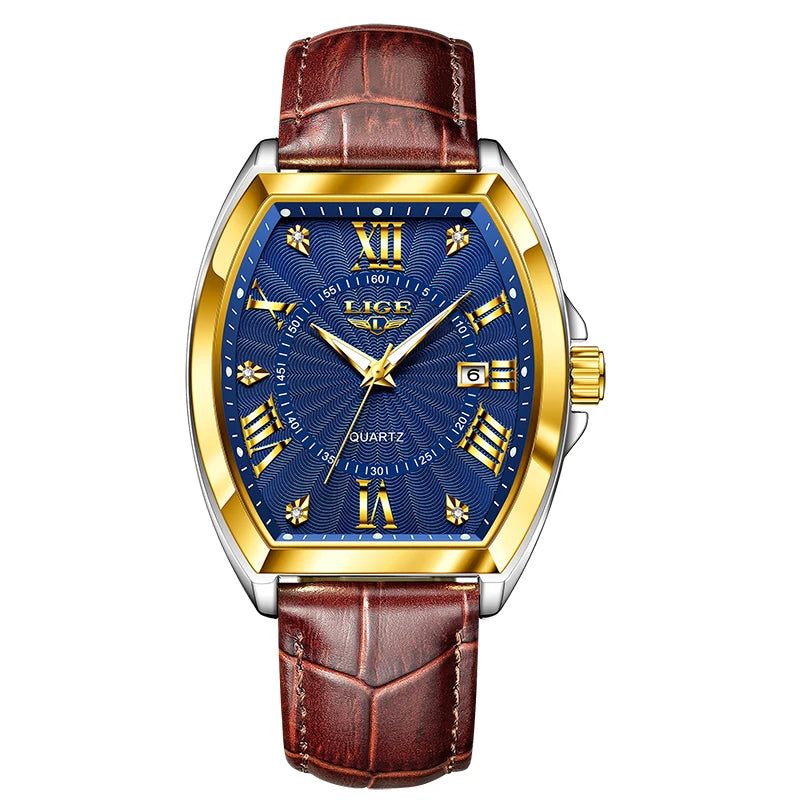 LIGE - Nuevos relojes militares para hombre, marca original de lujo, de cuero, de cuarzo, cronógrafo cuadrado resistente al agua