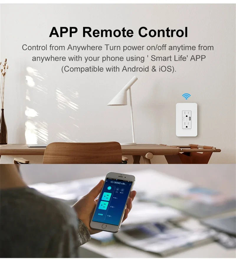 Enchufe inteligente Milfra Wifi de doble pared con toma de corriente estadounidense, puerto de carga USB, encendido/apagado, control remoto por voz mediante la aplicación Tuya Smart Life.