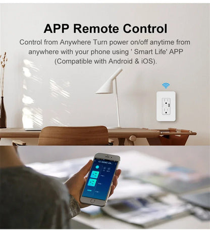 Enchufe inteligente Milfra Wifi de doble pared con toma de corriente estadounidense, puerto de carga USB, encendido/apagado, control remoto por voz mediante la aplicación Tuya Smart Life.