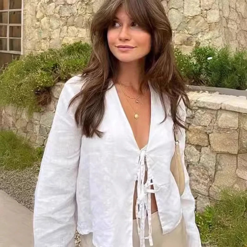 C.New S Camisas de lino y algodón con lazo y cordones para mujer, blusas holgadas de manga larga con cuello en V y aberturas para mujer, ropa de calle nueva de primavera 2024