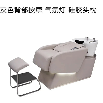 Cama de champú con masaje automático para barbería, lavabo de cerámica con descarga.